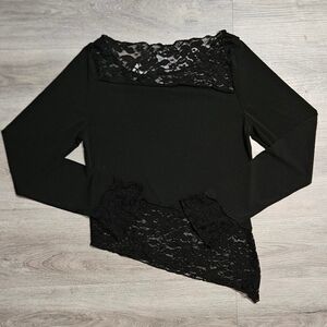 Asymmetrical Black Lace Trim Long Sleeve Top